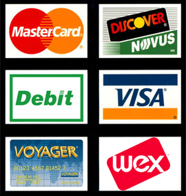 graphic with credit card logos including wex and voyager fleet cards all other major credit cards including debit